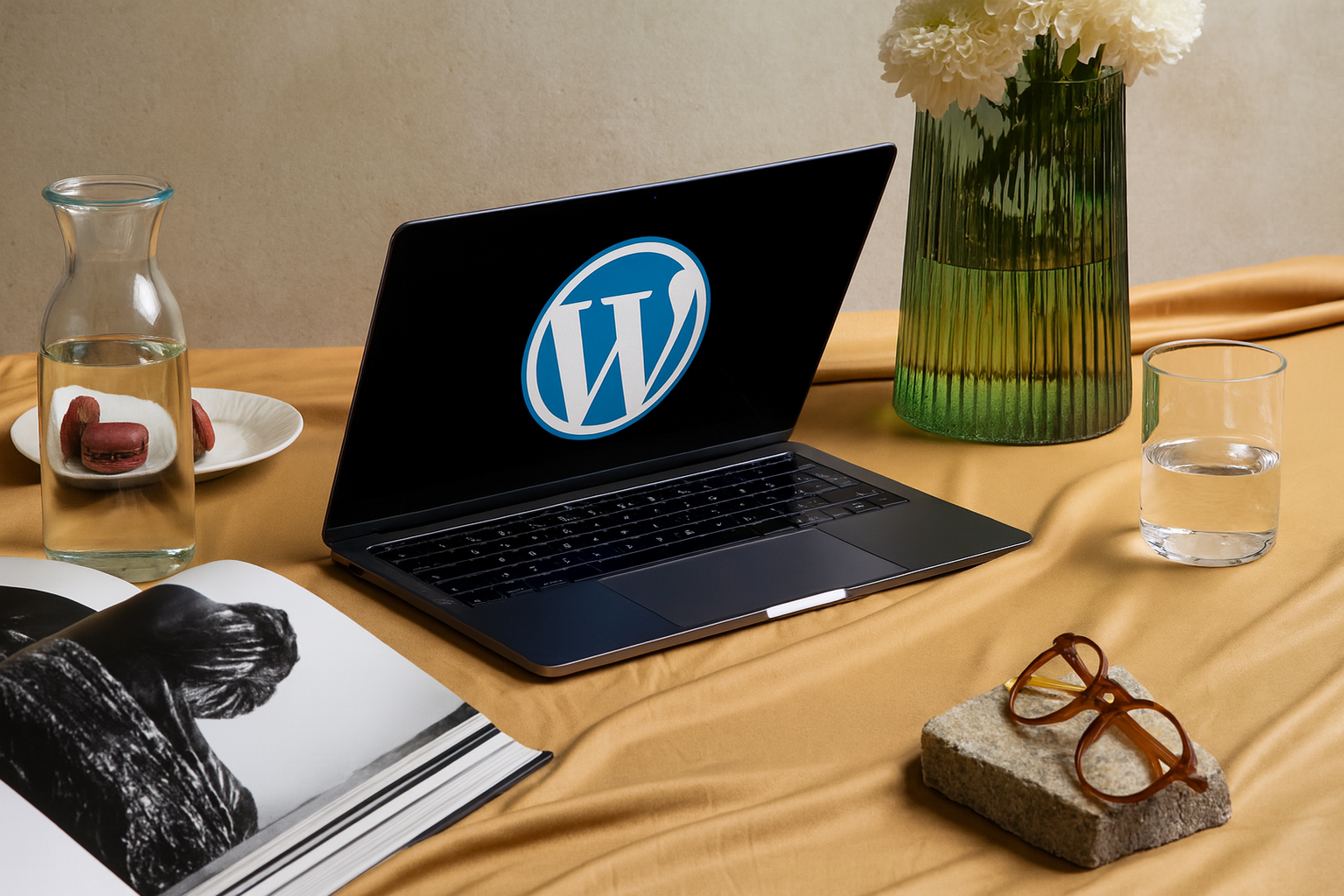 Laptop screen showing the WordPress logo on a clean workspace